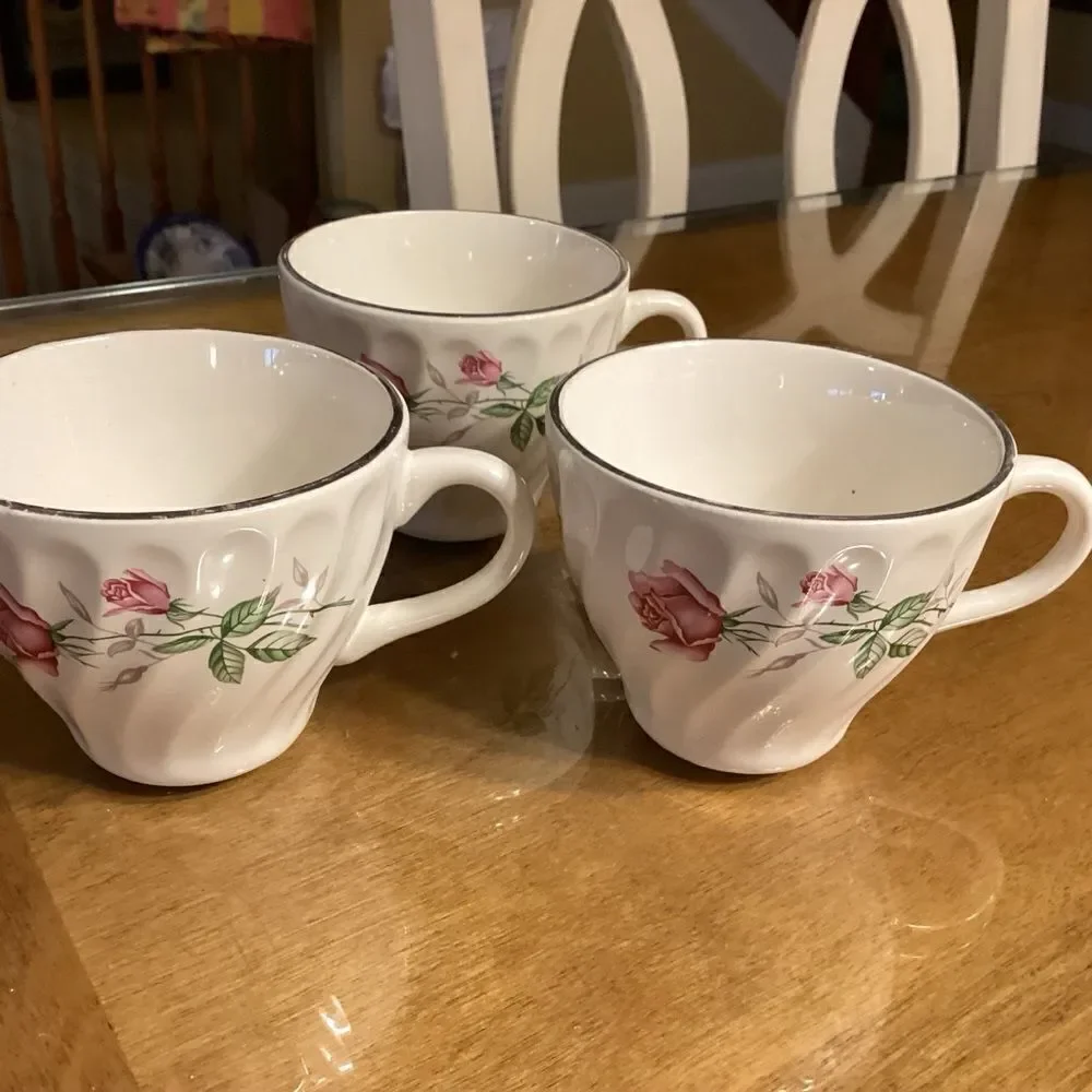 Set of 3 White China with Rose Print Tea/Coffee Cups